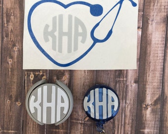Nurse Monogram Combo Pack, Stethoscope Decal, Stethoscope ID Tag, Monogram Badge Reel, RN Graduation Gift, Nurse Car Decal, Nurse Badge Reel
