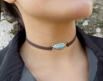 Choker Necklace, Suede Choker Necklace, Bohemian Turquoise Necklace, Native American Style Jewelry, Minimalist Leather Choker, Boho Jewelry