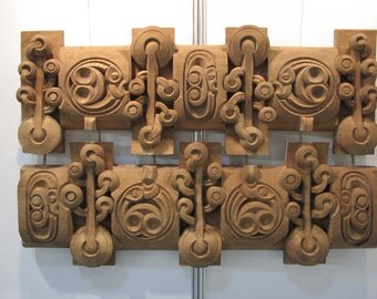 ORIGINAL Extra Large Wall Sculpture "Seabed" // Two Art Deco Cherry Woodcarving Consecutive Panels, Modern Solid Wood Combination Art Object