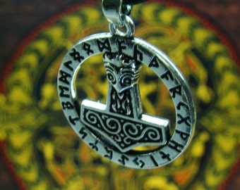 2 Sided Runes Circle Necklace Thor's Hammer Pendant Odin's Raven Head Pagan Heathen necklace Viking Warrior. Amulet of STRENGTH
