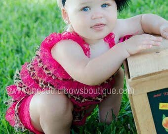 Cheetah Hot Pink Baby Romper,Baby Girl Clothes,Cake Smash Photo Outfit,1st Birthday Girl Outfit,Lace Romper and Headband,Baby Girl Rompers