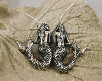 Vintage Silver Mermaid Earrings Mermaid Jewelry Nautical Beach earrings jewelry Gift for her ocean jewelry mermaid gift beach boho earrings