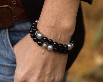 Black Onyx Bracelet, Pearl Bracelet, Beaded Bracelet, Boho Bracelets, Bracelet Stack, Stretchy Bracelets, Tribal Bracelets, Set of Two