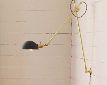 Industrial Brass Scissor Lamp - Industrial Pharmacy Articulating Boom Wall Light - Brass Lamp and Gas Station Style Black Parabolic Shade