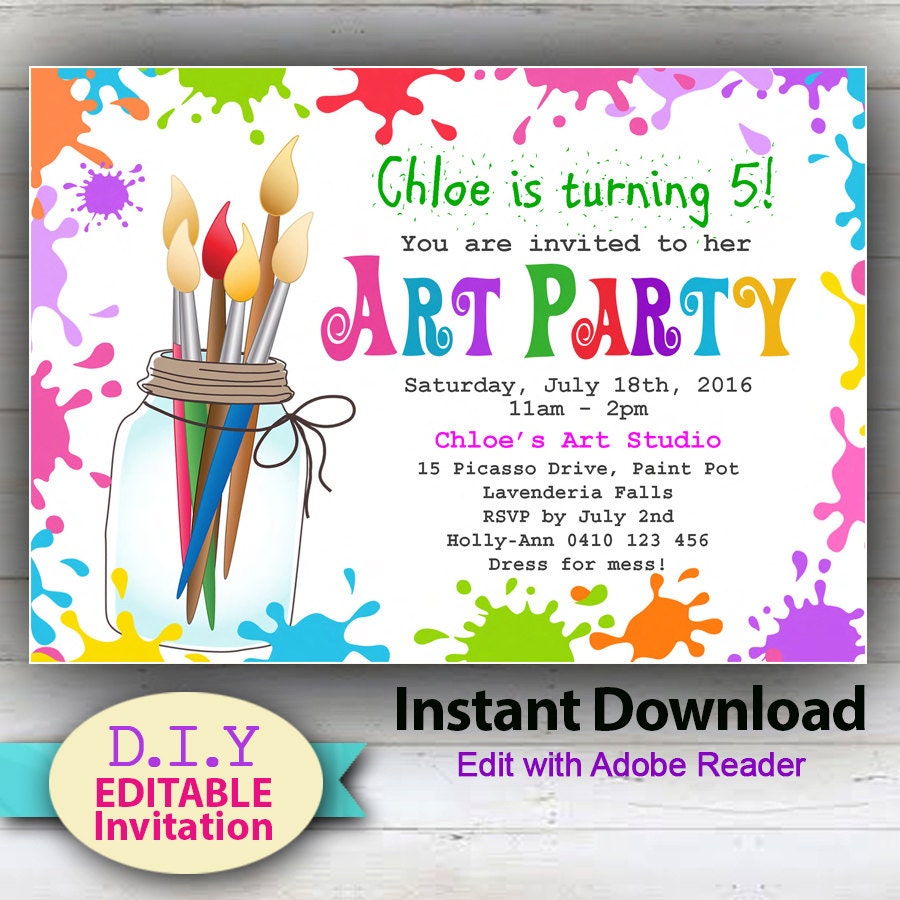 EDITABLE Printable Art  Party  Invitation  Children s