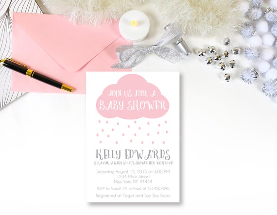 Pink Rain Cloud Baby Shower Invitation Raindrops Rain drops