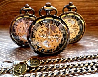 Pocket Watch Personalized Antique Bronze with Watch Chain Gift For Him Groomsmen Birthday Anniversary Mens Watch Ships to US/Canada BROP