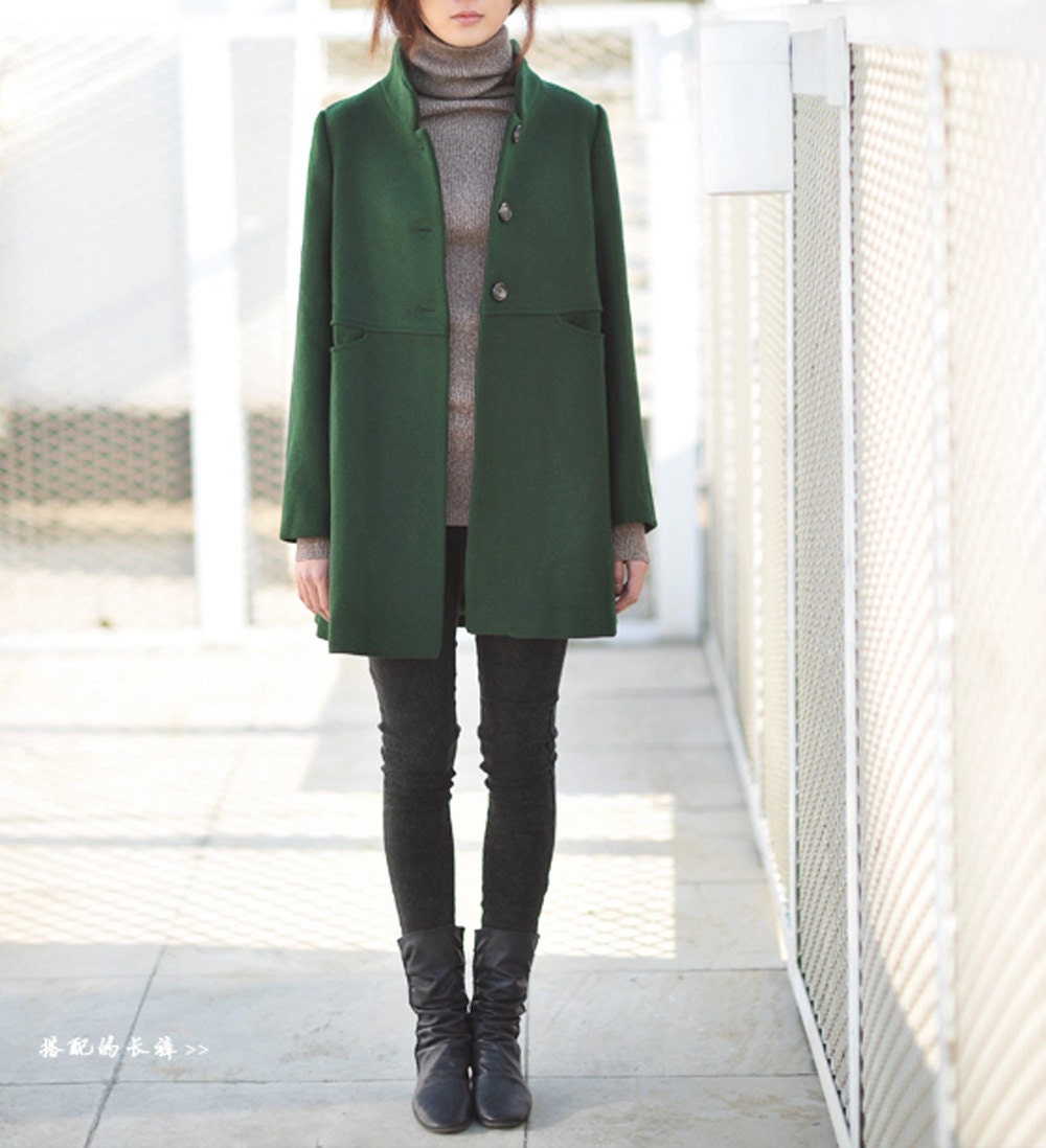 423Women's Green Wool Coat Vintage A Line Coat