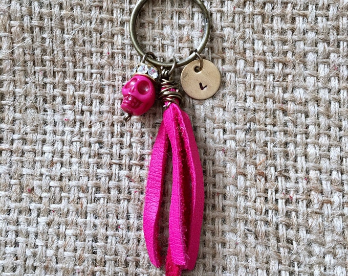 Sugar Skull Keychain, Pink Skull Keychain, Custom Skull Keyring, Initial Keychain, Stamped Keychain, Dia De Los Muertos, Initial Keyring