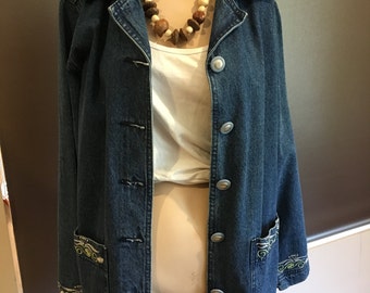 Cool Hipster Denim Long Denim Jacket Embroidered Pockets Collar Sleeves-Australia-Long Loose Denim-Cool Jacket-Hipster-80s