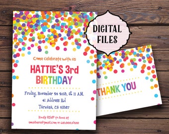 Confetti Birthday Invitation, Printable birthday invitation, Children Birthday Party invitation, bright invite, Children party invitation