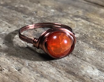Fire Agate Ring - size 9 - orange stone / copper wire wrapped / gemstone / rustic bohemian hippie / men women unisex jewelry /