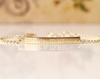 Skinny & Dainty Coordinates Bracelet - 35x3.2mm - Personalized Bar Bracelet, Engraved Bar Bracelet, Custom Skinny Bar Bracelet