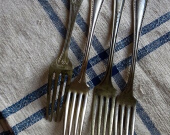 Vintage Engraved Silver Plate Forks, Initials, Silverware Utensils, Mismatched Flatware, Four Pieces, Silverplate, Dessert, Salad, Dinner
