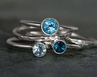 Ocean Blue Stacking Rings, Swiss Blue London Blue Topaz Sky Blue Topaz Faceted Gemstone, Sterling Silver Stack of 5 Jewel Gem Stackable Band