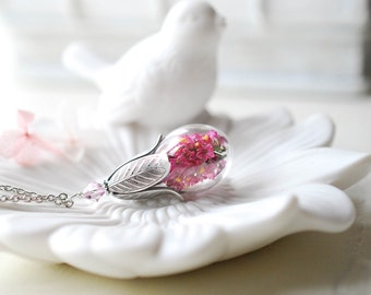 Terrarium necklace, Real Pink Flower Necklace, Botanical Woodland Jewelry, Glass Bottle Silver Pendant, Birthday gift, gift for her