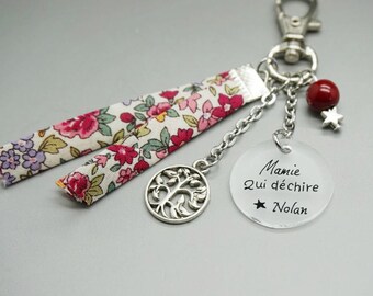 porte clé liberty cabochon "Mamie qui déchire" + prénom enfant arbre de la vie personnalisable