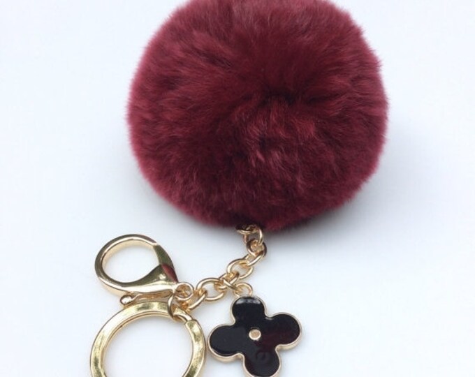 Burgundy fur pom pom keychain REX Rabbit fur pom pom ball with flower bag charm