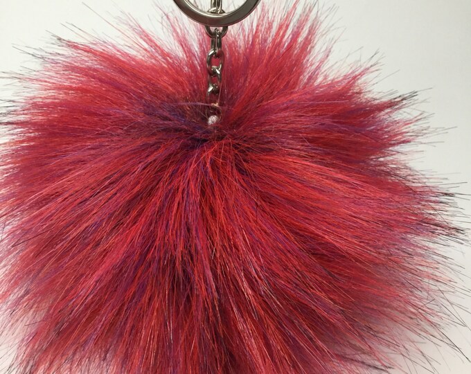 NEW! Faux Fox multicolor Dark Pink Fur Pom Pom bag Keyring Hot Couture Novelty keychain pom pom fake fur puff keyring