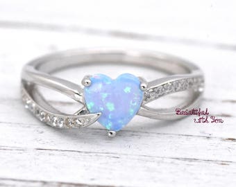 Heart Opal Ring, Opal Heart Ring, Heart Cut Opal Ring, Opal Heart Shaped Rings, Lab Created Light Blue Opal Sterling Silver Promise Rings