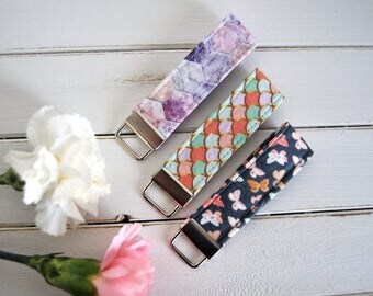 Fabric Keychain Fob - Bridesmaid Gift , Girly Keychains, Marble Keychain, Mermaid, Butterflies, Stocking Stuffers, Fun Gift