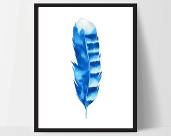 Printable Wall Art, Feather Art, Wall Print, Boho Art, Wall Prints, Feather Prints, Printable Art, Printable, Blue White, Watercolor