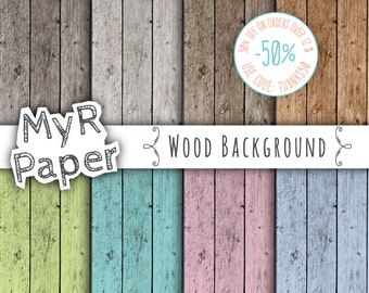 Wood digital paper: "WOOD BACKGROUND" with wood patterns, wood texture, rustic wood, wood scrapbook paper in Pink, Green, Blue, Turquoise