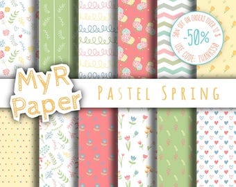 Digital paper doodle flowers: "Pastel Spring" patterns for scrapbooking, invite, card – flower, bloom, blossom, tulip, leaf, floral, dots