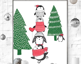 Penguins Christmas art print red white green winter snow printable poster instant download 8 x 10 modern contemporary art print home decor