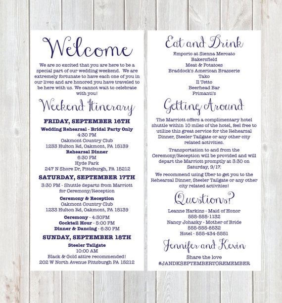 Welcome Letter Weekend Itinerary Wedding Itinerary Gold