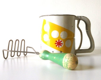 Vintage Kitchen Tools - Potato Masher With Wooden Green Handle & Androck Flour Sifter