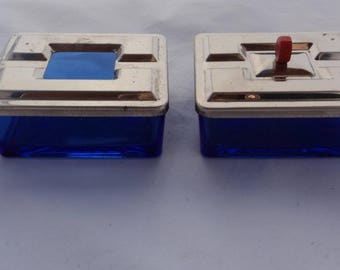 Vintage Art Deco Cobalt Blue Glass Cigarette Box and Ashtray with Covers