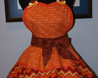 THANKSGIVING "GOBBLE-GOBBLE" Hostess Full Sweetheart Apron with Three Layer Flounced Skirt