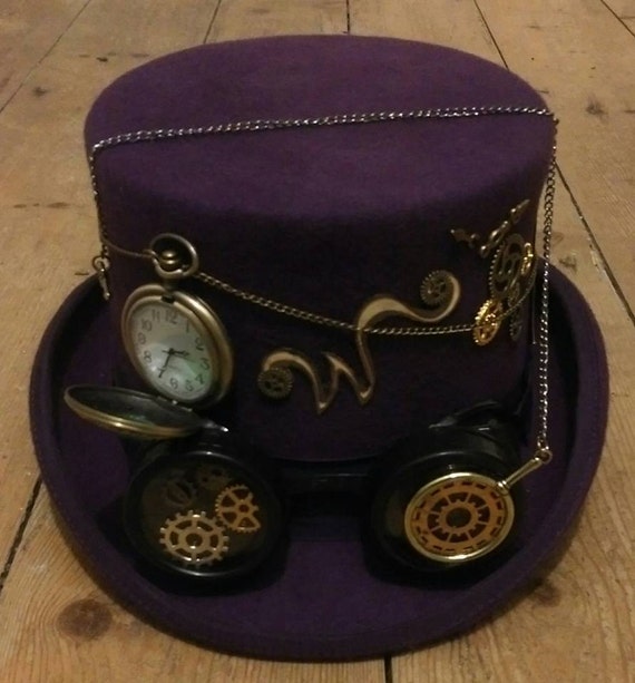 Steampunk Willy Wonka 100% Wool Purple Top Hat Time Pocket Watch Clocks Wheels Goggles Golden Ticket Monocle Festivals Cosplay Burning Man by Mad4Hats steampunk buy now online