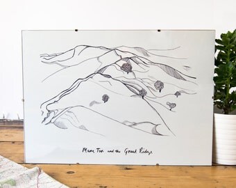 Mam Tor e la cresta grande paesaggio illustrato stampa / / campagna del distretto di picco / bianco e nero / illustrazione / / A3 parete arte Oggettistica per la casa
