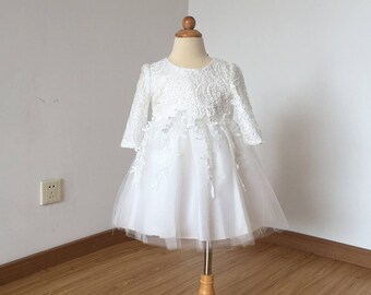 Floor-length Ivory Lace Tulle Flower Girl Dress 2017 Long Sleeves
