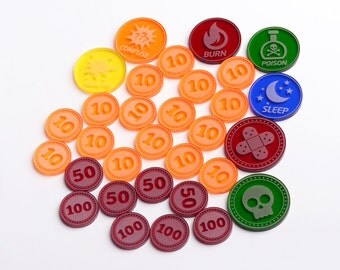 Pokemon Damage Counters & Pokemon Status Effect Markers Combo | 31 Piece Acrylic Tokens Set Combo With Bag (TK0006)