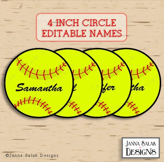 4 softball tags with editable names instant download diy