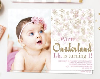 Gold Pink Winter Onederland Invitation, winter birthday, wonderland, first birthday invitation, 1st birthday girl, snowflakes, gold birthday