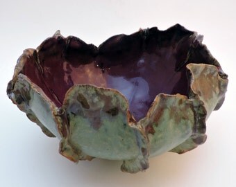 Ceramic Bowl, Large Green and Purple Leaves Bowl, Organic Design, Handmade Ceramic Art for food or decoration, Ceramic Decor, Home Decor