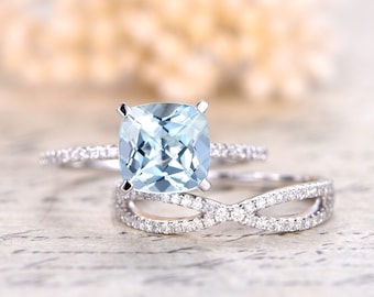 8mm Cushion Cut Aquamarine Ring Set,Aquamarine Engagement Ring,14k Rose Gold,Ball Set,Diamond Pave Band,Split Shank Band,Deco Diamond Ring
