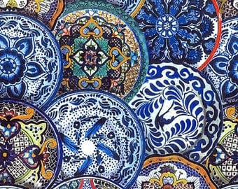 Fiesta Talavera Plates, Elizabeth Studios, 100% Quilt Shop Quality Cotton, Sold by the Half Yard