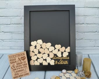 Guest Book Alternative Wedding Heart Drop Box Guestbook Wood frame Black Gold Decor