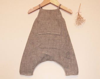 Handmade baby romper. Grey striped washed linen romper. Unisex romper. Toddler romper. Boys romper. Summer romper. Dungarees. Overalls.