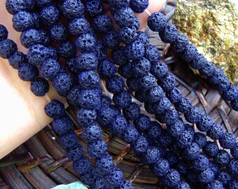 6mm Dark Indigo lava beads, 15" strand, beads for oils, oil beads, gemstone beads, natural lava beads, colorful lava beads, #R6S-071