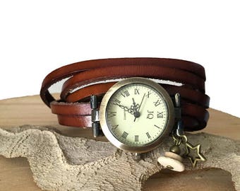 Woman watch bronze leather brown leather multi-turn wrist watch