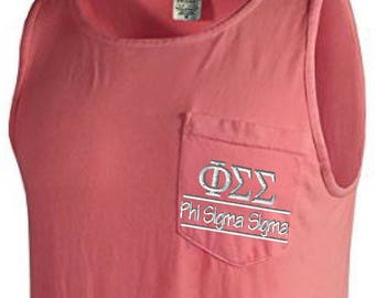 Phi Sigma Sigma, Phi Sigma Sigma Tank Top, Monogrammed Pocket, Sorority Top, Comfort colors Tank Top, Big Little, Greek Letters Tank Top