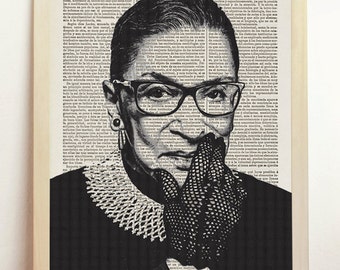 Supreme Court Justice Ruth Bader Ginsburg Poster Black White Illustration Engraving Print Upcycled Book Dictionary Gift