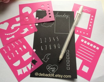 Planner Stencil Set of 5 Pink Mini BUJO Planner Stencils, Bullet journal stencil, Bujo Stencil, flexible plastic planner insert stencils
