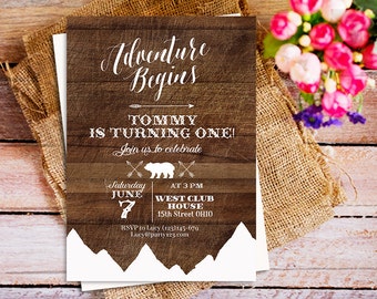 Woodland Birthday Invitation 1st birthday, adventure begins 1st birthday invitation, mountain bear 1st birthday invitation boy, wood rustic